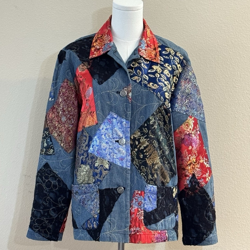 Chicos Patchwork Denim Jacket Brocade Velour Quilted Wearable Art Size 1‎ Medium